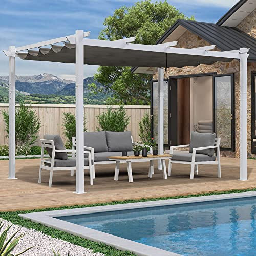 PURPLE LEAF 3 X 4 M Metal Pergola with White Frame, Retractable Roof, Large Garden Pergola for BBQ, Outdoor and Patio, Grey