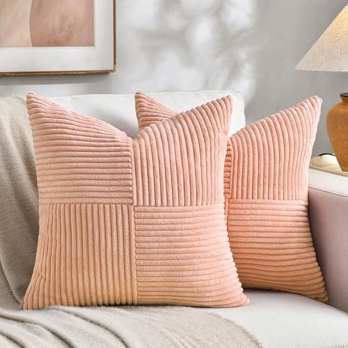 Fancy Homi 2 Packs, Pfirsich, Dekorativer Kissenbezug für Wohnzimmer Couch, Bett, Sofa, rustikale Farm-Boho-Heimdekoration, weicher Kord, Corss-Patchwork, strukturiert, quadratisch, Kissenbezug, 45x45