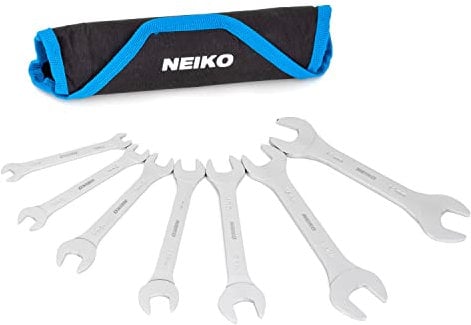 NEIKO 03581A - Juego de llaves métricas, 3-4 mm de grosor, 7 piezas pequeñas de doble extremo abierto, juego de llaves métricas, 14 tamaños de 6 mm a 19 mm, llave delgada de extremo abierto en ángulo