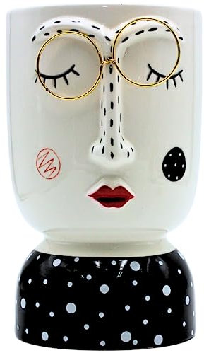 Keramik Vase mit Gesicht und Goldener Brille, Blumenvase, schwarz-weiß, Größe: H/Ø ca. 21 x 12 cm, Schwarzweiß