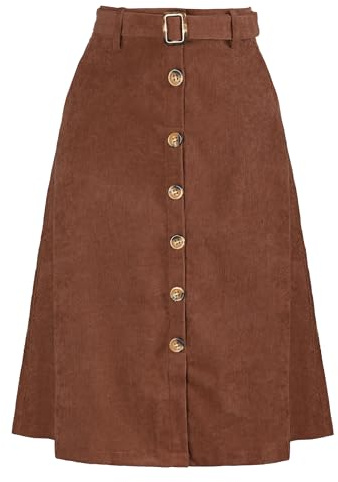 Allegra K Womens High Waist Button Front A-Line Belted Corduroy Midi Skirt Large Dark Brown