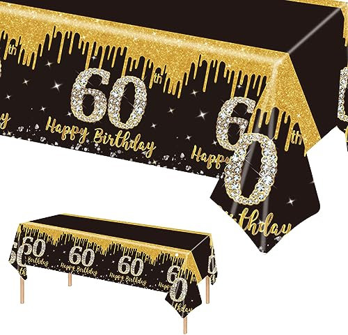 137 x 274 cm Schwarz und Gold zum Geburtstag Tischdecke Schwarz Gold Tischdeko für Mann Frau 60. Geburtstag,Rechteckige Kunststoff Tischdecke für Partydekorationen zum 60. Geburtstag