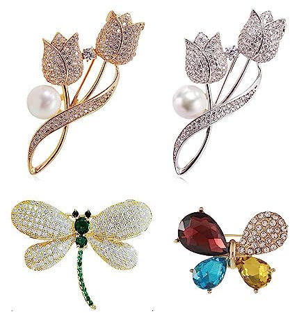 Spacmirrors Lot de 4 broches papillon tulipe, tendance en métal, strass incrustés pour femme, multicolore, quatre styles, 6.0cm x 3cm/2.36 x 1.18, Métal