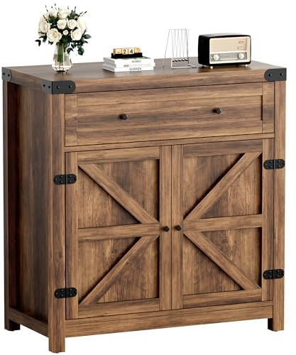 YESHOMY Farmhouse Coffee Bar and Accent Cabinet with Barn Doors, Brown
