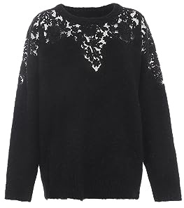 faina Damen Modischer Pullover mit Rundhalsausschnitt aus Spitze SCHWARZ Größe XL/XXL