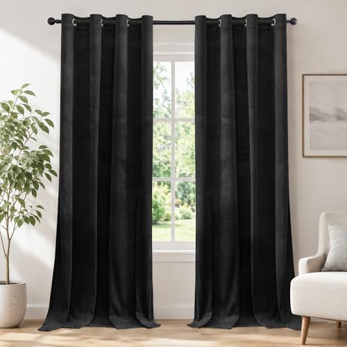 Ystyle Samt Vorhang Blickdicht 2er Set, H225 x B140 CM, Schwarz | Wasserabweisend Gardinen Wohnzimmer Modern, Thermovorhang Hitzeschutz Kälteschutz, Verdunklungsvorhänge per Soggiorno