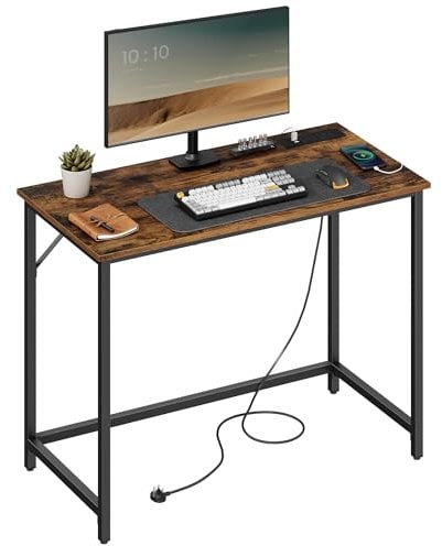 VASAGLE Computer Desk with LED Lights and Built-In Power Outlets, Gaming Desk, Office Desk, 50 x 100 x 76 cm, Space-Saving, for Study, Home Office, Bedroom, Rustic Brown and Ink Black LWD141B91