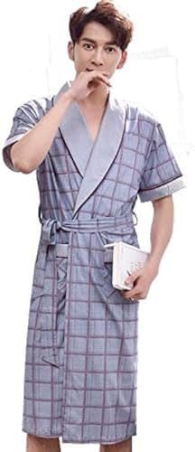 Hause Tragen Sommer Plaid Print Robe Kurzarm Baumwolle Bademantel Männlich Sexy Morgenmantel Männer S Homewear Bad Robe,A,XXL