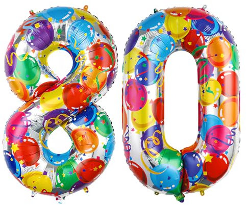 Ponmoo 40 inches Foil Balloons Numbers 80 Multicolour (101cm), Inflatable Helium or Air, Giant Balloon Number 0-9, 10-29, 30-100, Grand Balloons for Anniversary Wedding Birthday Party Decoration