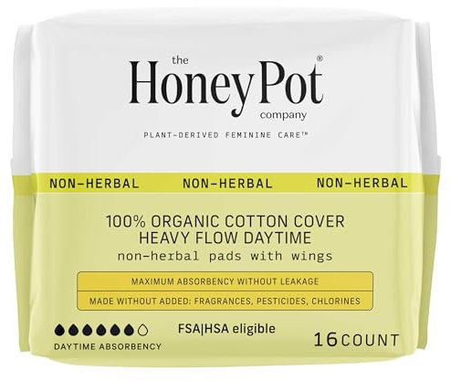 100% Organic Cotton Cover Heavy Flow Daytime Pads, 16 Count, The Honey Pot Company