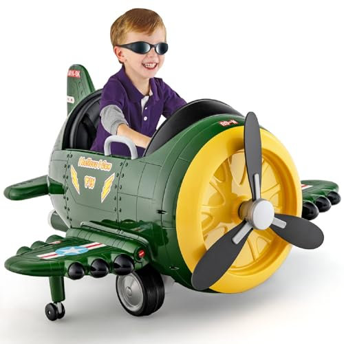 Maxmass Kids Electric Ride on Car, 12V Battery Powered Toy Car with Remote Control, Joysticks, Folding Airfoils, Rotary Propeller, Music, USB & Wireless, Ride on Airplane Toy for Boys Girls (Green)