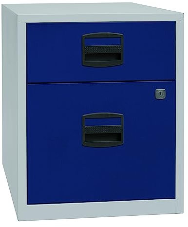 Bisley Home Beistellschrank auf Rollen mit Schloss aus Stahlblech, 1 Universal-Schublade + 1 Hängeregistratur-Schub einbahnig abschließbar - für Hängemappen & Büromaterial - Farbe: grau/blau