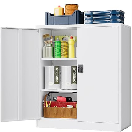 LISSIMO Metal Storage Cabinet，Garage Storage Cabinet with 2 Lockable Doors and 2 Adjustable Shelves, 36'' Steel Tool Cabinet for Garage, Office, Home, School(White)