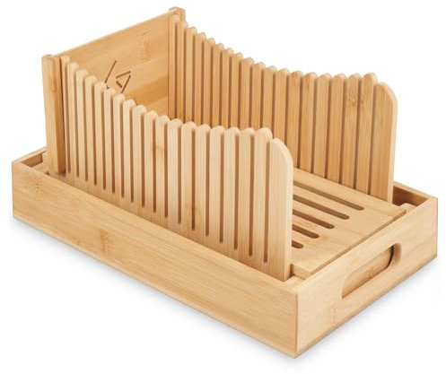 Bamboo Bread Slicer -Adjustable Bread Slicer for Homemade Bread with 3 Thickness Sizes - Foldable Board Loaf Slicer with Crumb Tray - Idea for Cakes, Sourdough Bread & Bagels. (Small without Knife)