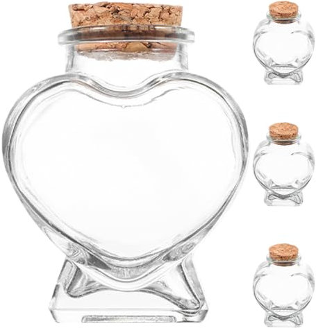 IMIKEYA 4 Stück Herz Glasflaschen mit Korken - kleine dekorative Glasflaschen zum Befüllen 50 ml Herzförmige Wunschflaschen für Hochzeit Valentinstag Jahrestag DIY