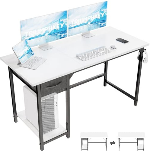TRIUMPHKEY Scrivania per Computer,120 cm Scrivania Ufficio,Tavolo da Ufficio con Cassetti,Scrivania Reversibile, Telaio in Metallo,Scrivania da Gaming,con Gancio(Bianco)
