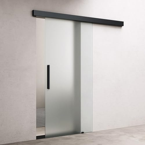 doporro Glasschiebetür Komplettset Softclose 77,5x215cm ESG Vollsatiniert | 25mm Wandabstand | Schiebetür mit 8mm ESG-Sicherheitsglas | Glas-Zimmertür Schwarz Stangengriff | Amalfi-plus 14H