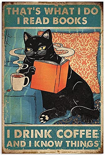 JIMOWANG Kitty Biscuits Vintage Metallschild, Bücher Lesen Kaffee Trinken Wandkunst Dekoration 12 x 8 Zoll