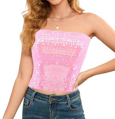 Segreto Damen Glitzer Pailletten Tube Top Sexy Ärmellos Y2K Bandeau Top Meerjungfrauen Trägerlos Lange Crop Top Rosa