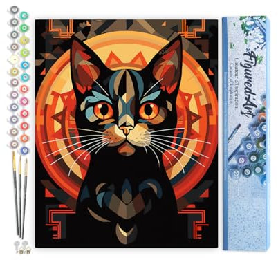 Figured'Art Peinture par Numéro Adulte Chat noir Art Déco - Activité Manuelle Kit de Loisir Créatif DIY Numéro d'Art Complet - 40x50cm sans châssis en bois