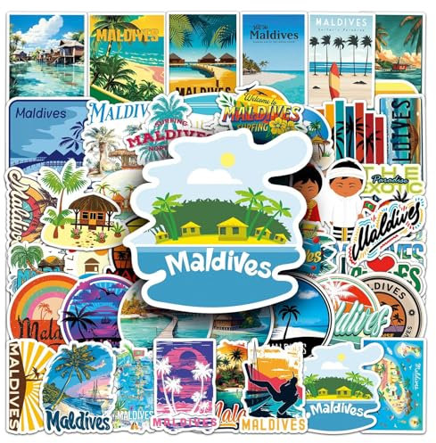 Malediven Aufkleber 50 Stück Wasserdicht ästhetisch Summer Strand Sticker für Skateboard Scrapbook Laptop Wasserflaschen Auto Gepäck Gitarre,Vinyl Malediven Reise Aufkleber für Erwachsene Mädchen