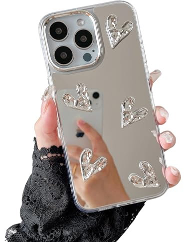 ZTOFERA Case for iPhone 16 Pro Max, Cute Silver 3D Love Heart Clear Makeup Mirror Case, Flexible Shockproof Anti-Scratch Protective Cover for iPhone 16 Pro Max 6.9- 5 Hearts