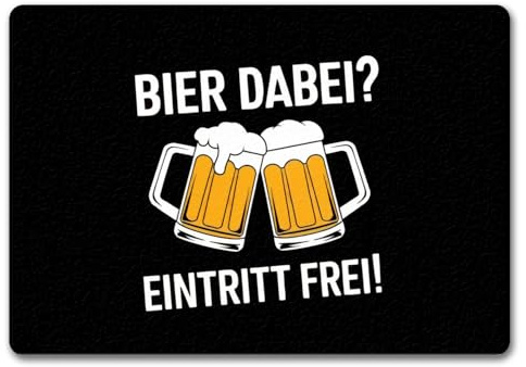 speecheese Bier dabei? Eintritt frei! Fußmatte in 35x50 cm ohne Rand mit prostenden Bierkrügen Humorvolle Bierkrug Grafik auf schwarzem Hintergrund mit weißen Buchstaben perfekt für
