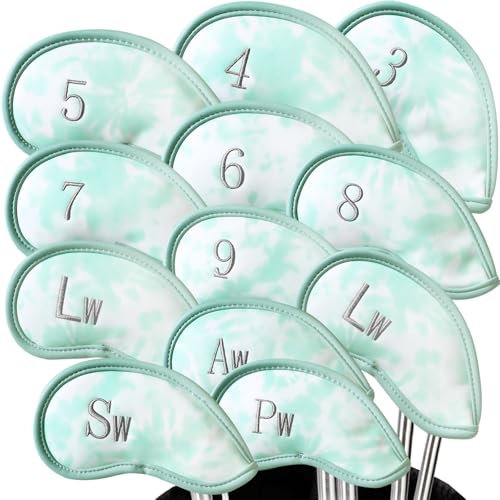 Golf Club Headcovers Iron Synthetic Leather Deluxe Value 12 Pcs/Set, Golf Head Covers with Number Printed Durable Light for Men Women Universal Fit All Irons Clubs (Aqua)