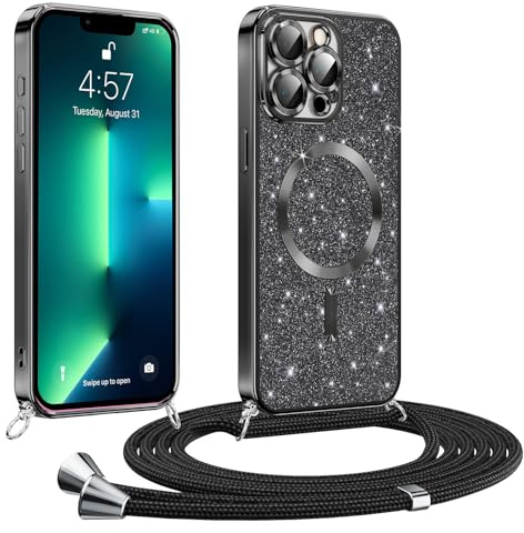 Phoona Glitter Funda para iPhone 13 Pro MAX 6,7 con Cuerda, Ajustable Teléfono Cordón, Compatible con MagSafe, Anti-Caída, Carcasa Protectora Silicona AntiChoque, Negro
