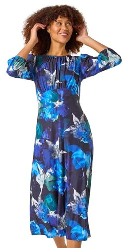 Roman Originals Women Gathered Chest Dress Ladies Stretchy Fit & Flare Swing Tea A Line Skater Knee Length Long Sleeve Midi Smart Casual Work Going Out Cocktail Party - Navy Multi - Size 18