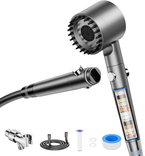 GlasFlength Alcachofa de Ducha con Filtro de 15 Pasos, Alcachofa Ducha Alta Presión con 1.5M Manguera 3 Modos de Pulverización Filtro Ducha Antical Cabezal Ducha Ahorrar Agua Shower Head (Gris)