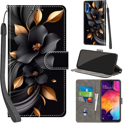 Handyhülle für Samsung Galaxy A50 Klapphülle Leder Wallet Blumen | 3 Kartenfächer & 1 Geldfach, Magnetverschluss, Ständerfunktion, robuste premium PU leder klapphülle für Samsung A50