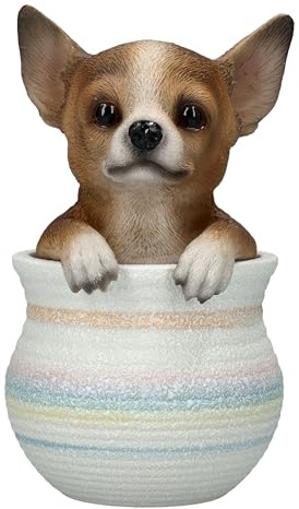Figuren Shop GmbH Chihuahua Figur im Blumentopf – Handbemalte Hunde-Statue aus Polyresin, 16 cm Höhe, detailreich & charmant