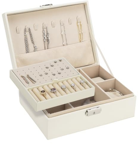 QWORK® Elegante portagioie a 2 strati, con vassoio rimovibile, portaorecchini portatile in pelle PU per orologi, anelli e bracciali (bianco)