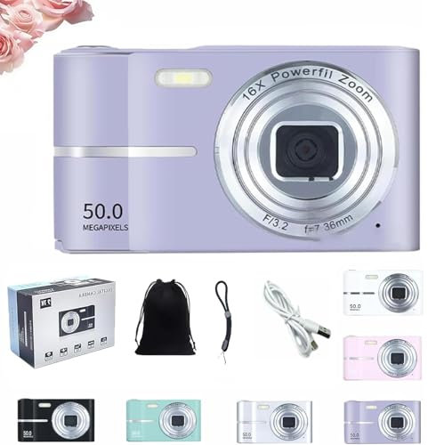 AuraCam - 2000's Aesthetic Digital Camera, 50MP Camera, HD 1080P Portable Small Cameras, 16X Zoom Anti Shake, Autofocus, Compact Retro Style Vlogging Camera for Teens and Beginners (Purple)