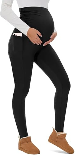 CheChury Legging Grossesse Femme Taille Haute Extensible Doux Mode Legging de Maternité Pantalon avec Poches Femme Enceintes Maison Yoga Sport