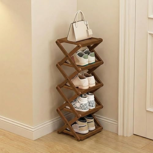 Simcat Bambus-Schuhregal Faltbar, Schmales Hohes Regal, 5-Lagig, Braun | Platzsparend, Ohne Montage, Für Flur Schlafzimmer Garderobe, Vertikale Lagerung