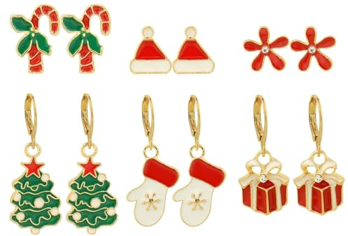 SHIYOUO 6 Paar Weihnachtsohrringe Set, Ohrstecker Weihnachten Set Weihnachten Schneeflocke Rentier Weihnachtsmann Weihnachtsbaum Weihnachts Ohrringe für Damen Kinder Mädchen
