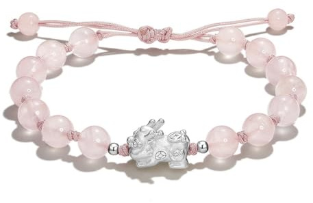 URBAN SPARKS Natural Obsidian & Rose Quartz S999 Silver Chinese Fortune-Attracting Mythical Beast Pixiu Couple Beaded Bracelet for Women - Valentine's Day Gift, Mittelgroße (Rose Quartz Color)