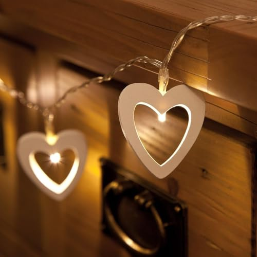 HHMTAKA Warm White Wooden Heart String Lights 3m 2LED USB Fairy Lights for Valentine's Day Wedding Mother's Day Anniversary Decor, Indoor Decorative String Lights (White)