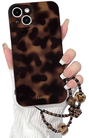 NITITOP for iPhone 14 Plus / 15 Plus Case Cute Leopard Tortoise with Chain, Brown