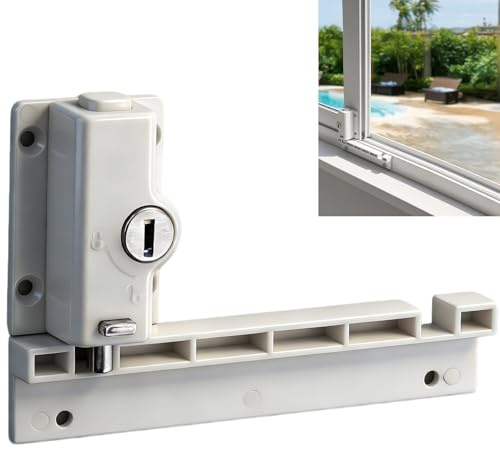 eSynic Cerradura Puerta Corredera con Llave Bloqueo Doble Seguridad Infantil Cierre Puerta Deslizante y Ventana Corredera Instalación Adhesiva o con Tornillos para Patio Jardín Blanca