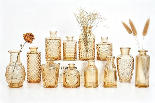 12 Stück, Kleine Glasvasen Small Vase, Vintage-Stil mit Strukturmuster, für Blumen und Heimdekoration (Golden, 12 Stück)