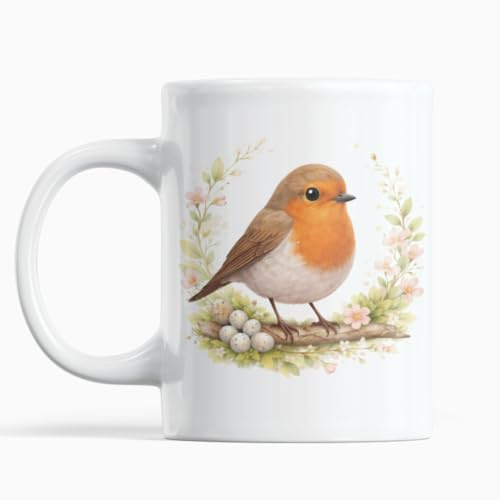 Gift Island Robin Mug for Women and Men | Cute Illustrated Robin Themed Gifts | Gardner and Birdwatching | for Wildlife Lover | Printed Durable Ceramic 1 piece Coffee & Tea 11 oz Cup