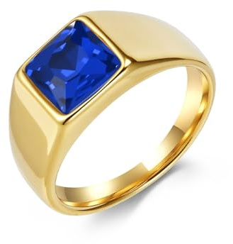 Stfery Edelstahl Siegelring Quadrat Herren 10MM, Gold Ring mit Blauer Stein Mode Gr.57 (18.1)
