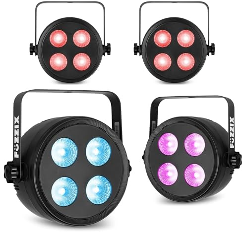 Fuzzix PLF20 - LED Par Strahler, 4er Set - 4x 12 Watt LEDs - Discolicht Partylicht, RGB Strahler mit Fernbedienung, RGBAW & UV Partybeleuchtung, Lichtorgel Musikgesteuert, Halterung, DMX - Schwarz