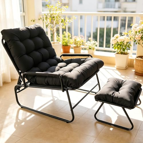 SANEIOUI Relaxsessel mit Hocker, Liegesessel, Sessel mit Liegefunktion,Relaxliege Wohnzimmer, Hochwertiges Bequemes Rückenkissen, Geeignet für Den Außenbereich, Balkone und Wohnzimmer (Schwarz)