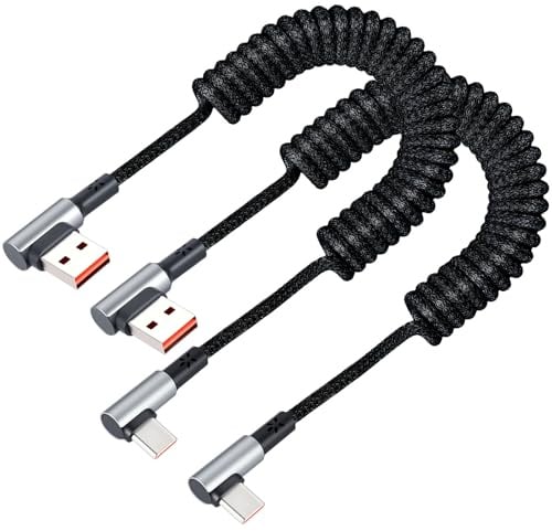 USB C Spiralkabel Kurz 90° – 3A Schnellladekabel & Datenkabel, dehnbar 0.3–1.5 m, geeignet für für Phone 17/16/15 Serie, für Galaxy, für Huawei, für Google Pixel uvm.