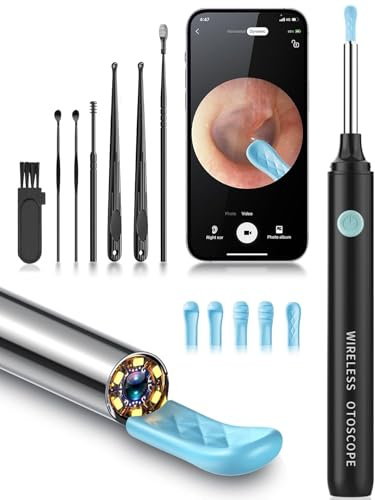 Ear Wax Removal Kit - Ear Cleaner with Camera Camera with 6 Silicon Ear Spoon with 1080P Ear Camera with LED Light Ear Cleaning Kit USB-C Rechargeable for iPhone iPad Android Black