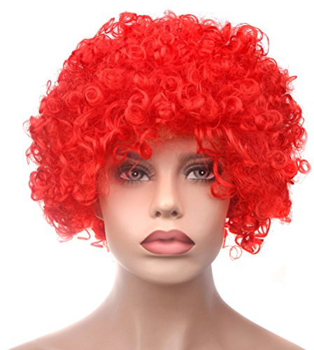 BundleMall Curly Afro Wigs Fancy Dress Funky Wig Disco Clown for Men and Women Soccer Football Fans Costumes Accessory (red)